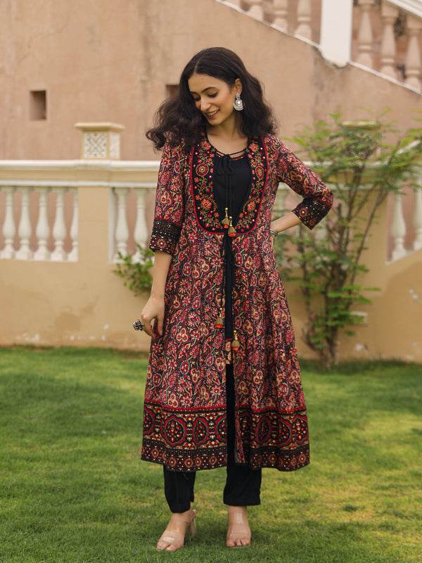 The Patang Black Ethnic Motif Printed Muslin Shrug Inner & Pant Set With Thread & Mirror Work