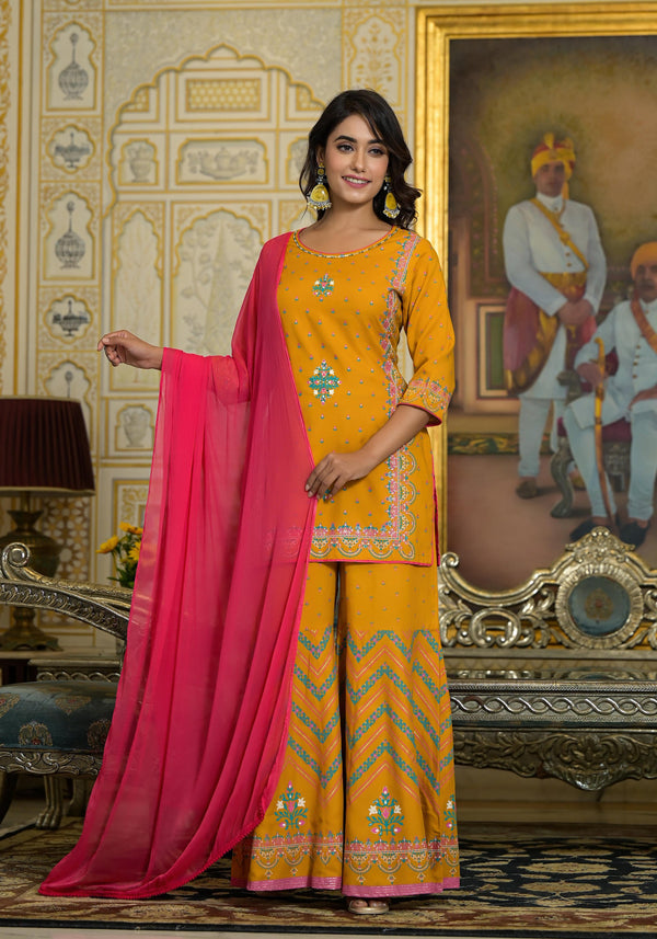 Mustard Ethnic Motif Printed Liva Rayon Tunic Sharara And Dupatta Set With Sequins  & Gota Patti Work