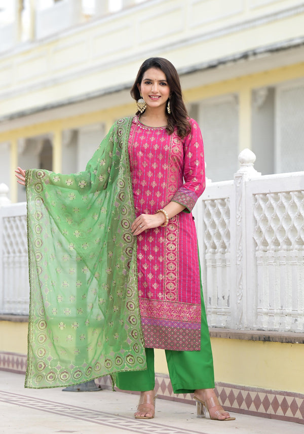 Fuchsia Ethnic Motif Printed Muslin Kurta Pant With Dupatta Set With Beads & Sequins