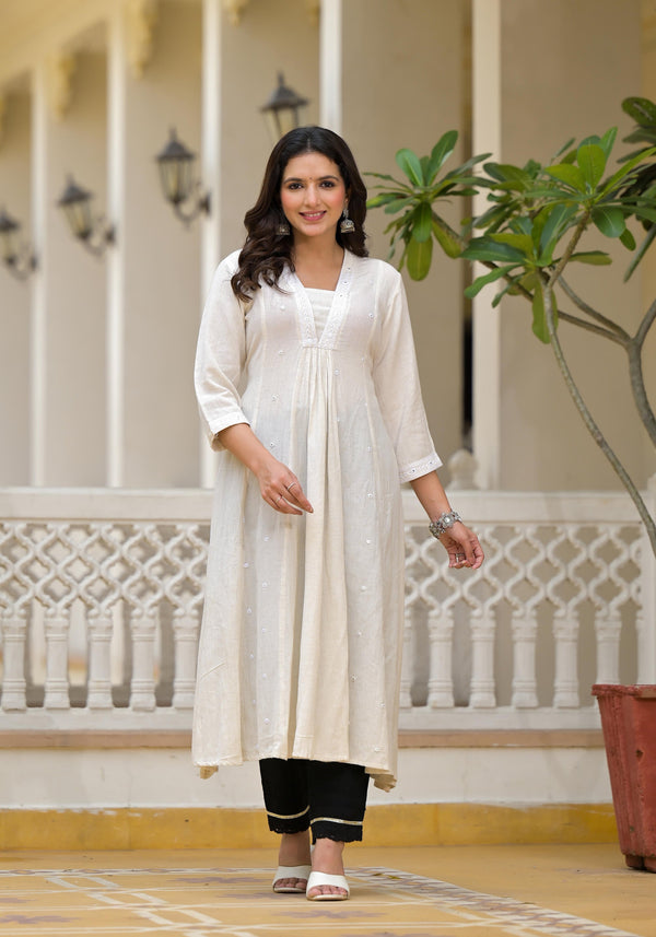 Off-White Solid Kurta With Mirror  Work