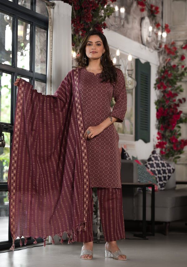 Jashvi Plum Geometric Printed Cotton Kurta, Pant  With Tassels On Dupatta