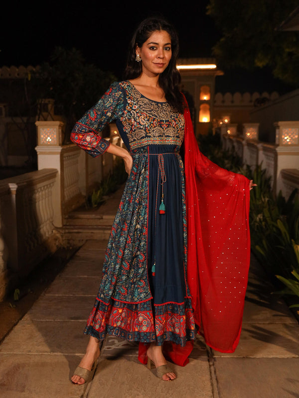 The Mastani Blue Ethnic Motif Printed Viscose Kurta Palazzo And Dupatta With Doris & Thread Work