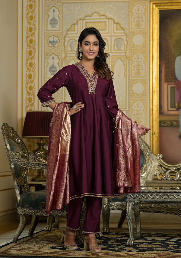 Wine Zari Embroidered Viscose Kurta Pant And Dupatta Set With Sequins & Lace