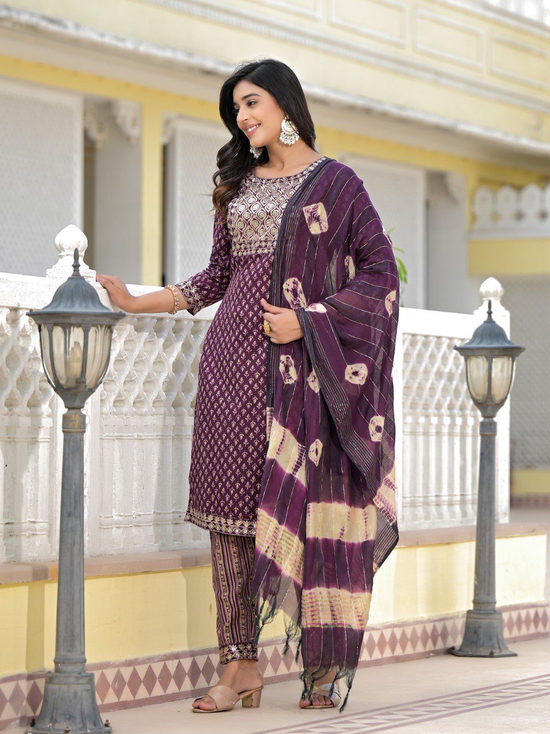 Women's Maroon Cotton Print Kurta, Pant And Dupatta Set - Juniper