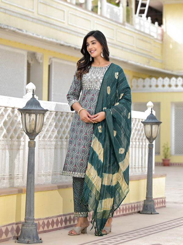 Jashvi Teal Ethnic Motif Printed Cotton Kurta, Pant And Dupatta Set With Zari Work & Sequins