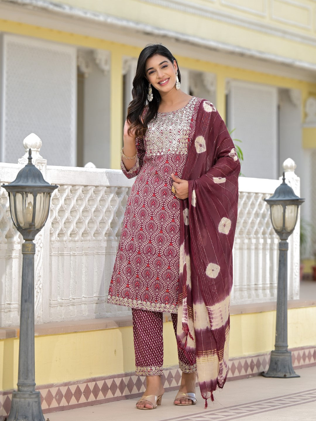 Women's Maroon Cotton Print Kurta, Pant And Dupatta Set - Juniper