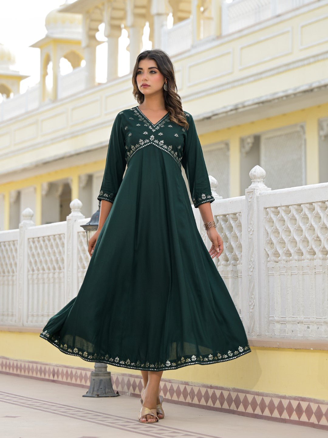 Women's Bottle Green Rayon Embroidery Dress - Juniper