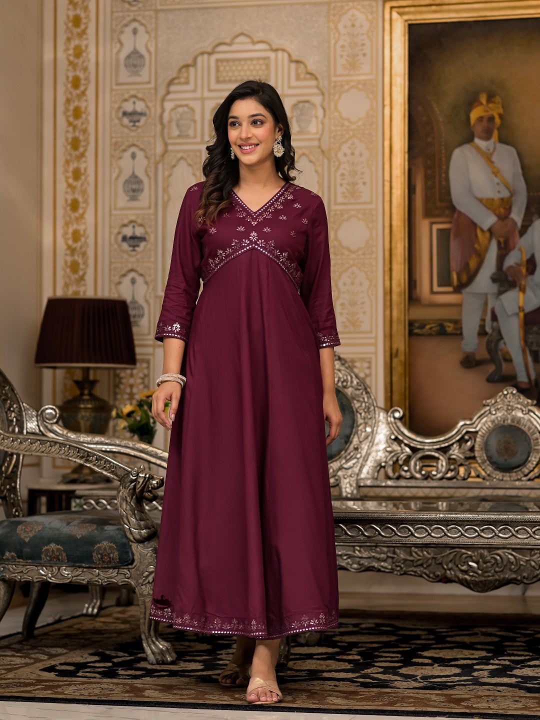 Women's Wine Rayon Embroidery Dress - Juniper