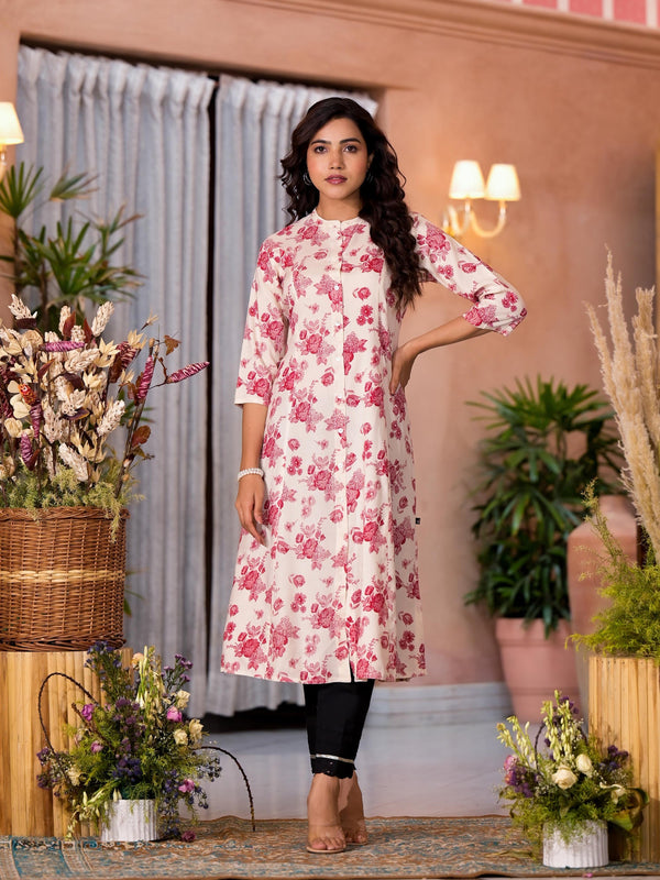 Off White Floral Printed Liva Rayon Kurta With Button Closure