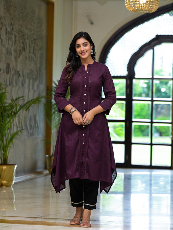 Plum Thread Embroidered Cotton Asymmetrical Kurta With Button Closure