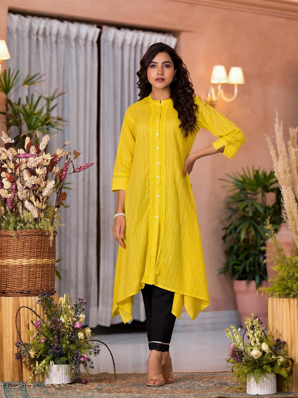 Yellow Thread Embroidered Cotton Asymmetrical Kurta With Button Closure