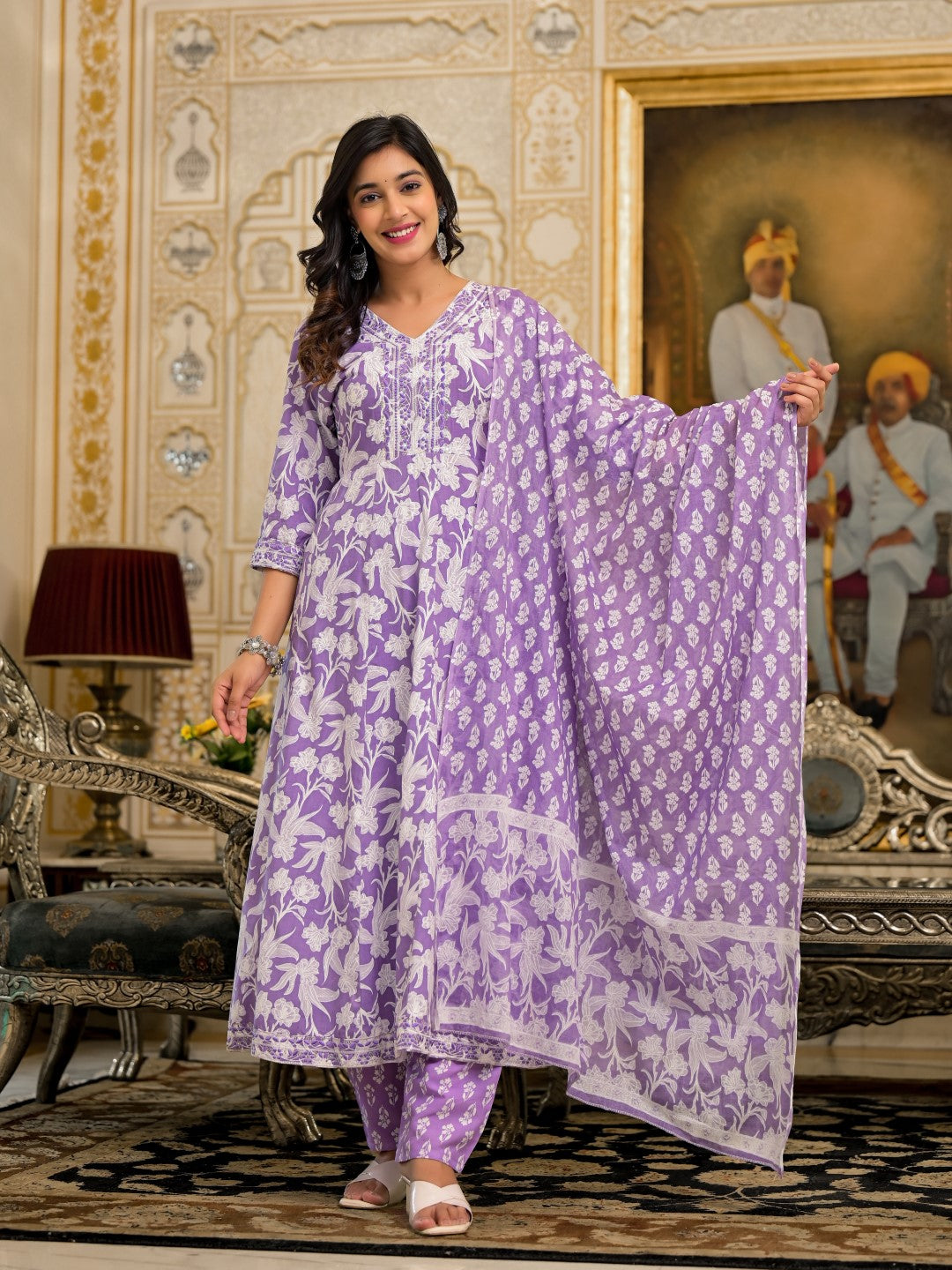 Women's Lavender Rayon Floral Kurta, Pant And Dupatta Set - Juniper