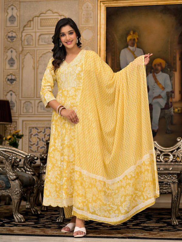 Jashvi Yellow Floral Printed Rayon Kurta With Pant And Dupatta With Thread & Sequins Work