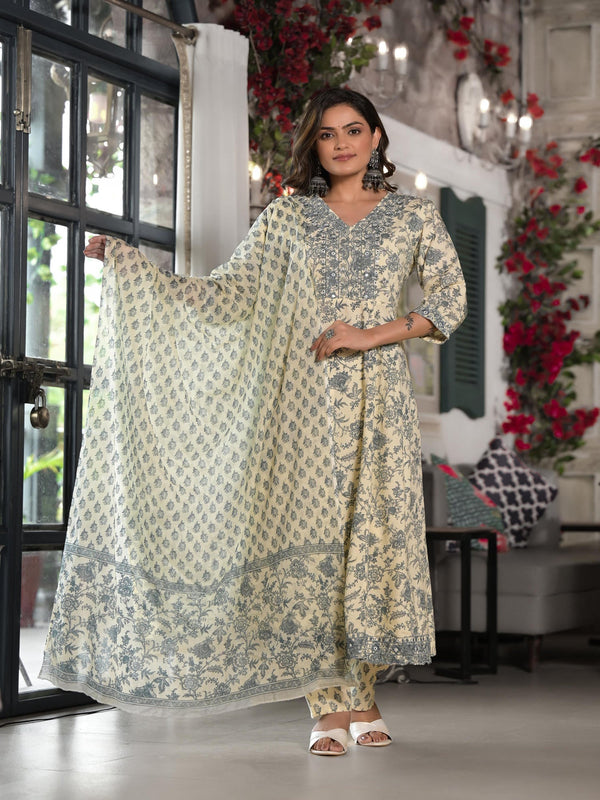 Jashvi Grey Floral Printed Rayon Kurta, Pant And Dupatta Set With Mirror & Thread Work