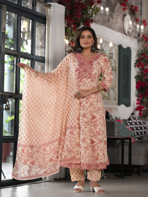 Jashvi Pink Floral Printed Rayon Kurta, Pant And Dupatta Set With Mirror & Thread Work