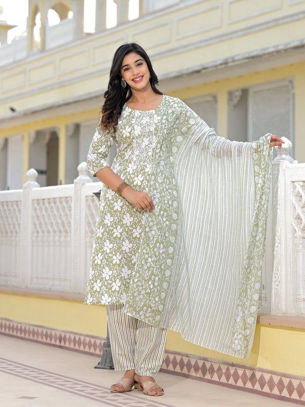 Jashvi Green Floral Printed Cotton Kurta, Pant And Dupatta Set With Thread & Mirror Work