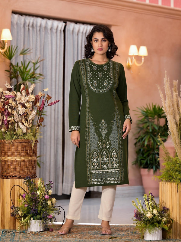 Olive Ethnic Motif Printed Polycotton Winter Wear Kurta