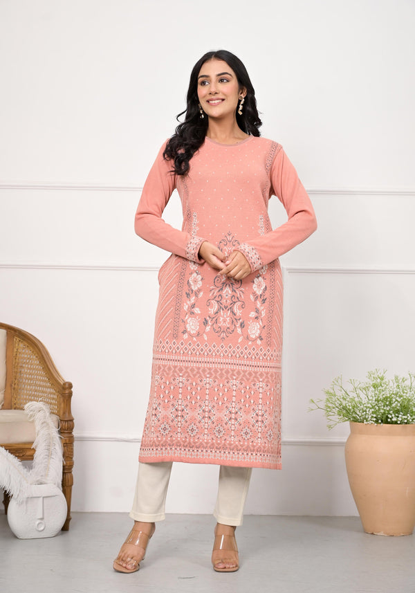 Peach Ethnic Motif Printed Cotton Winter Wear Kurta