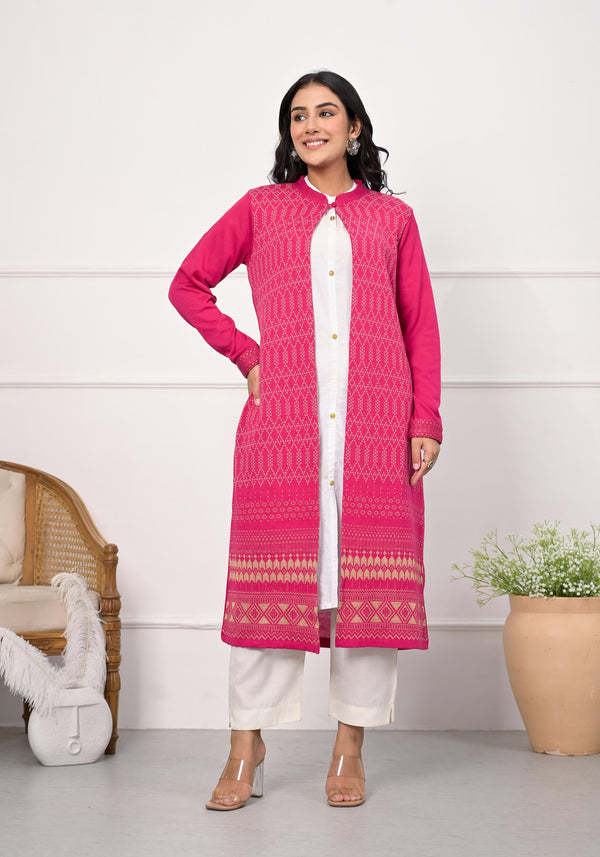 Pink Ethnic Motif Printed Cotton Long Winter Waer Jacket