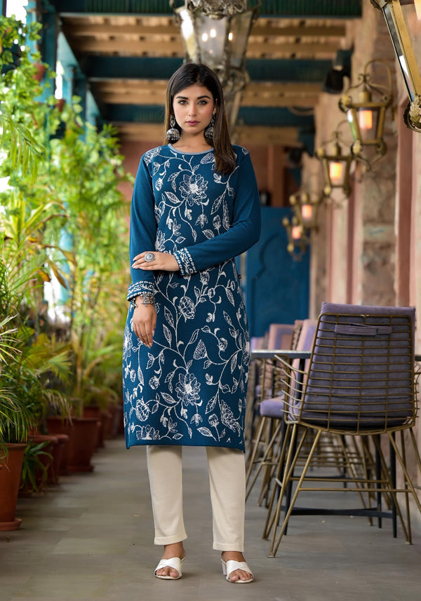 Blue Floral Printed Polycotton Winter Wear Kurta