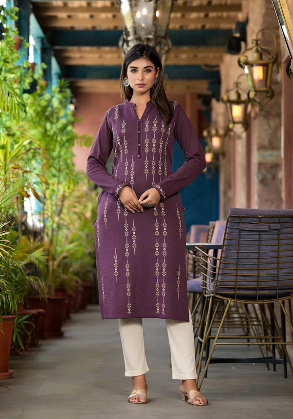 Violet Ethnic Motif Printed Polycotton Winter Wear Kurta