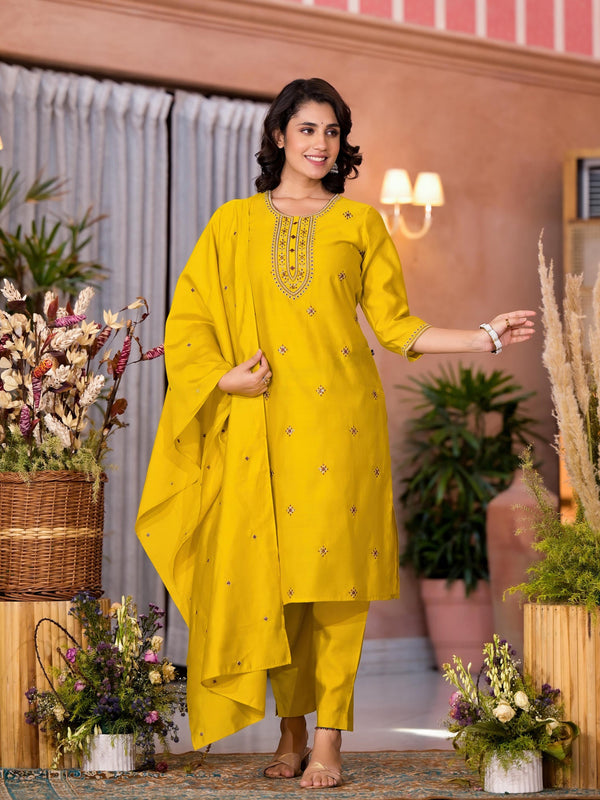 Yellow Thread Embroidered  Viscose Kurta Pant And Dupatta Set With Zari Work