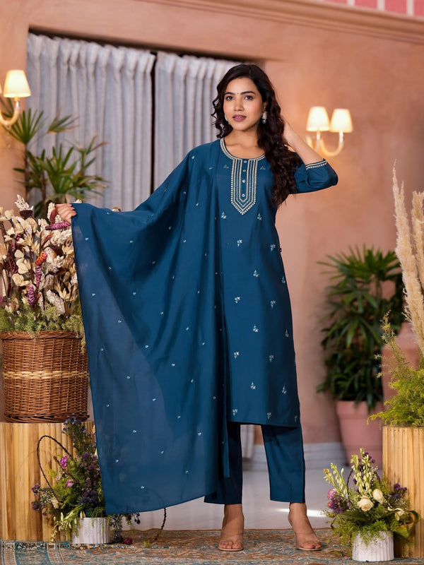 Teal Thread Work Embroidered Viscose Kurta Pant And Dupatta Set With Buttons Work