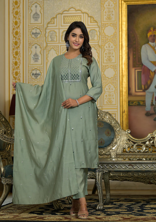 Mint Viscose Zari & Thread Embroidered Kurta Pant And Dupatta Set With Sequins