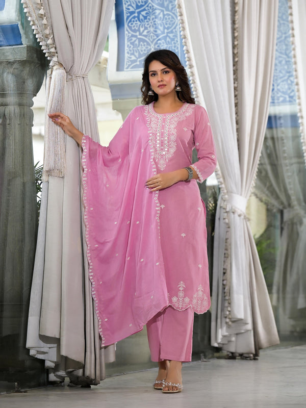 Lavender Cotton Kurta Set With Mirror & Thread Work