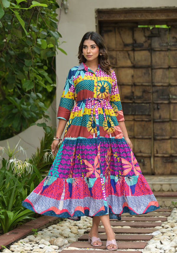 Jashvi Multi Geometric Printed Cambric Dress With Buttons & Doris On Waist