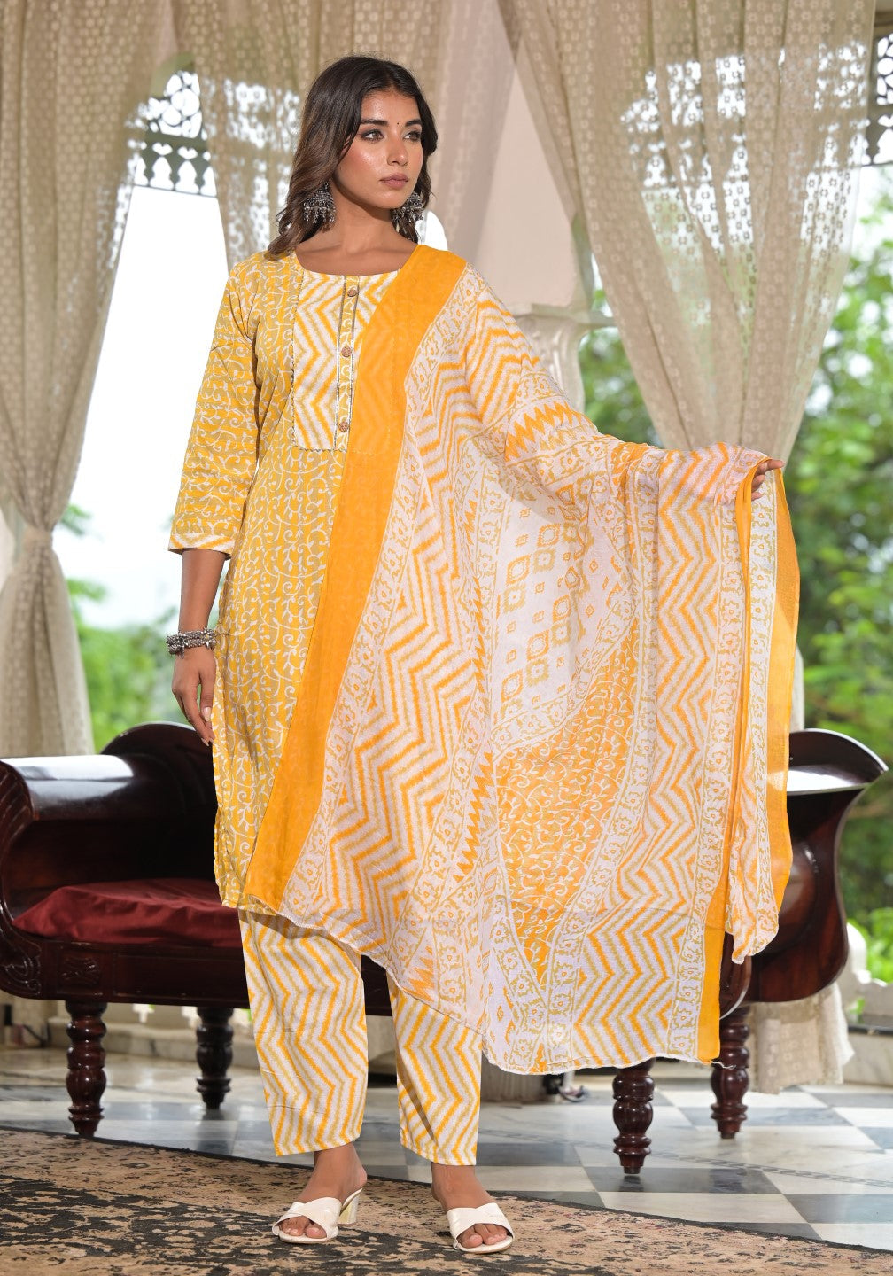 Women's Mustard Cotton Print Kurta, Pant And Dupatta Set - Juniper