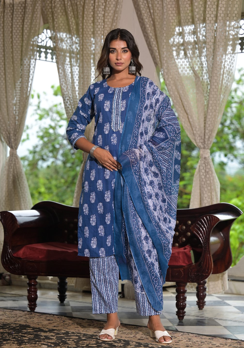 Women's Navy Blue Cotton Print Kurta, Pant And Dupatta Set - Juniper