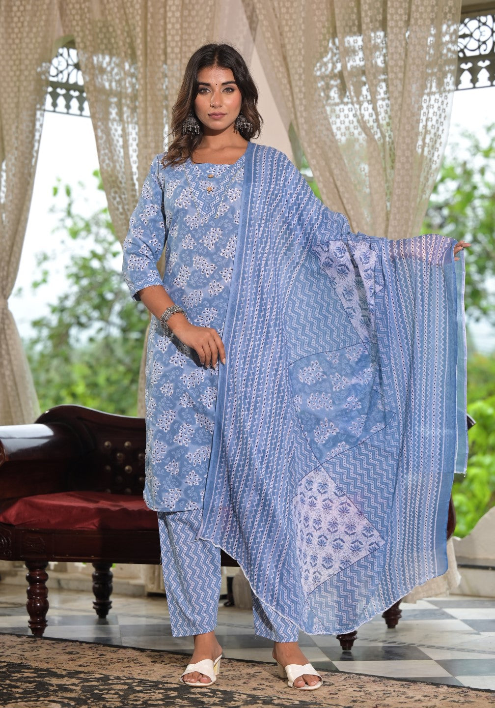 Women's Blue Cotton Print Kurta, Pant And Dupatta Set - Juniper