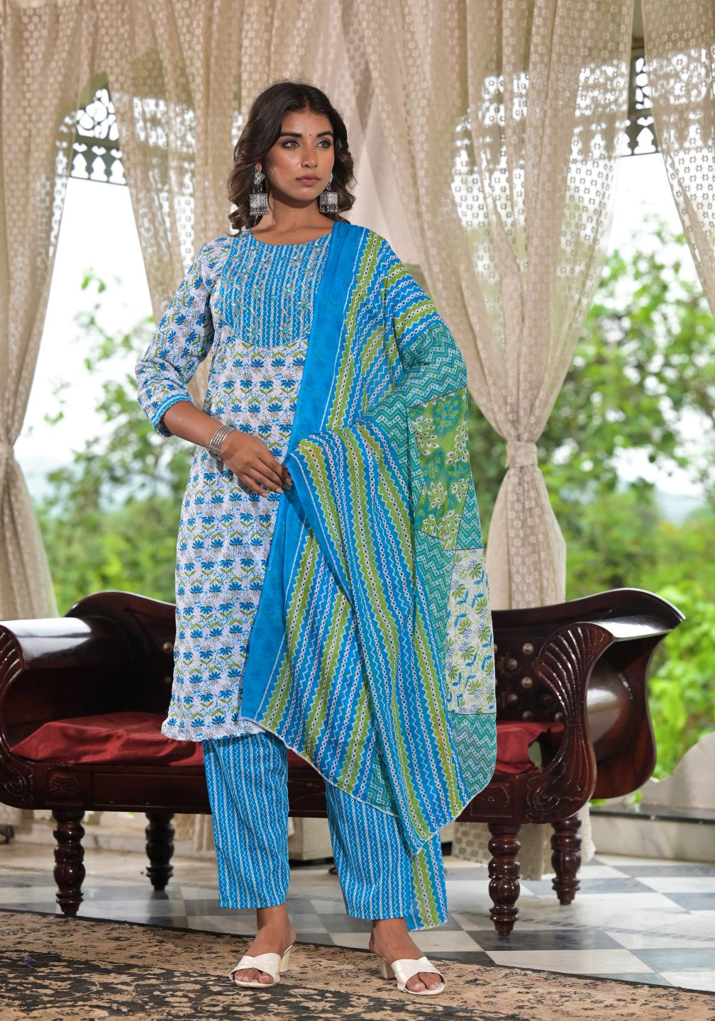 Women's Blue Cotton Print Kurta, Pant And Dupatta Set - Juniper