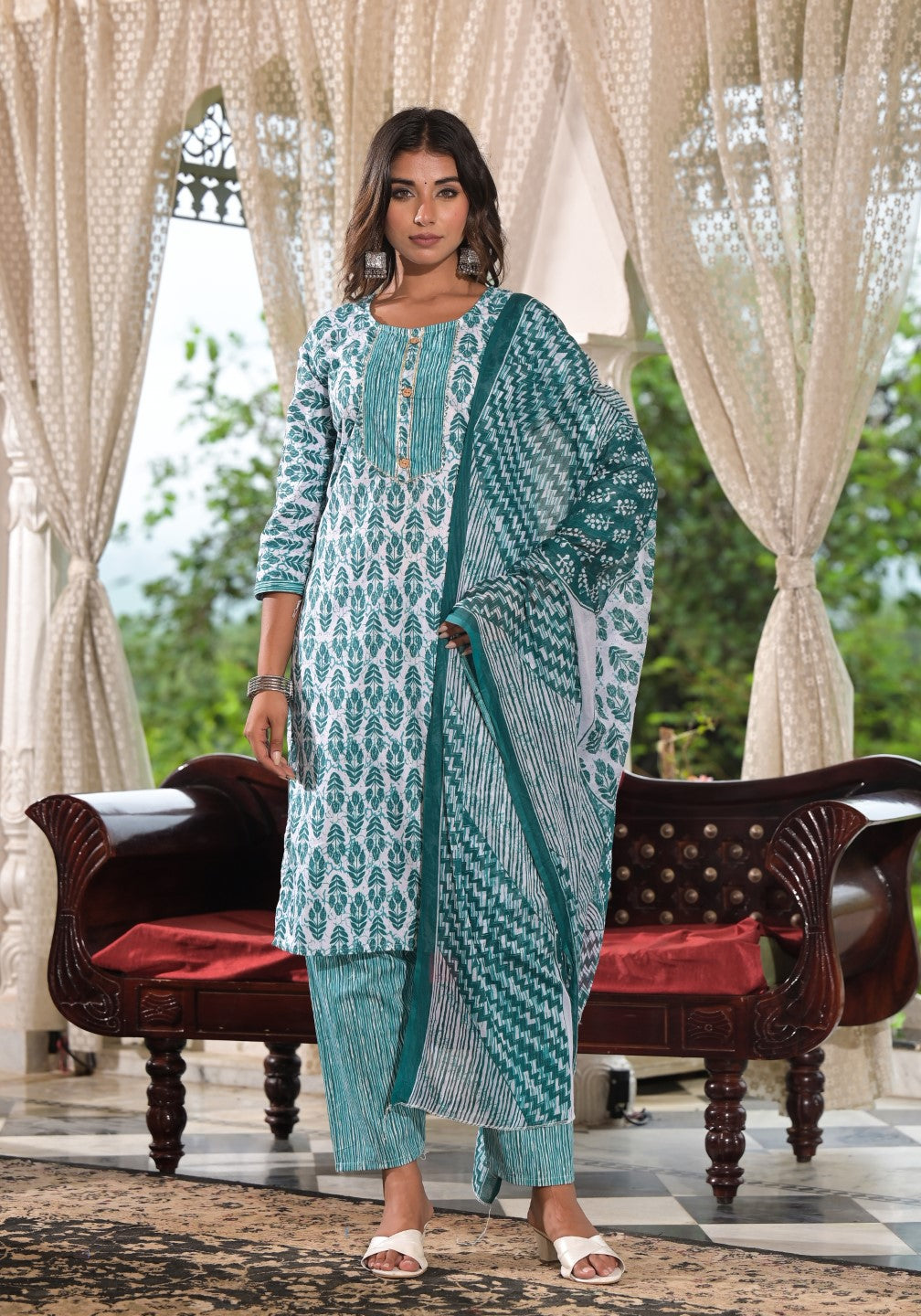 Women's Sea Green Cotton Print Kurta, Pant And Dupatta Set - Juniper