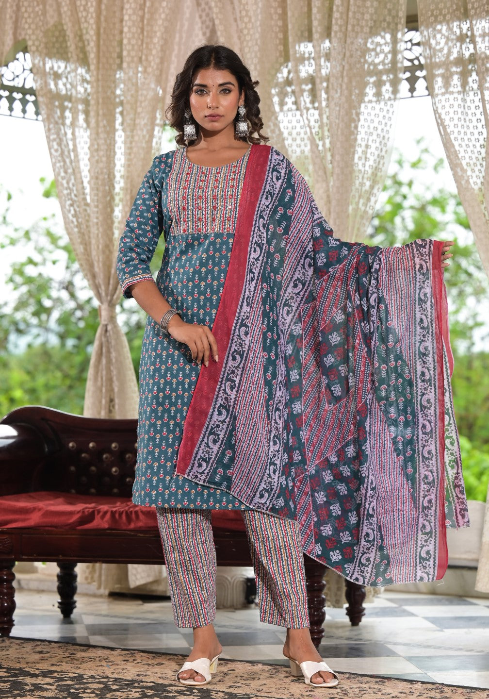 Women's Teal Cotton Print Kurta, Pant And Dupatta Set - Juniper