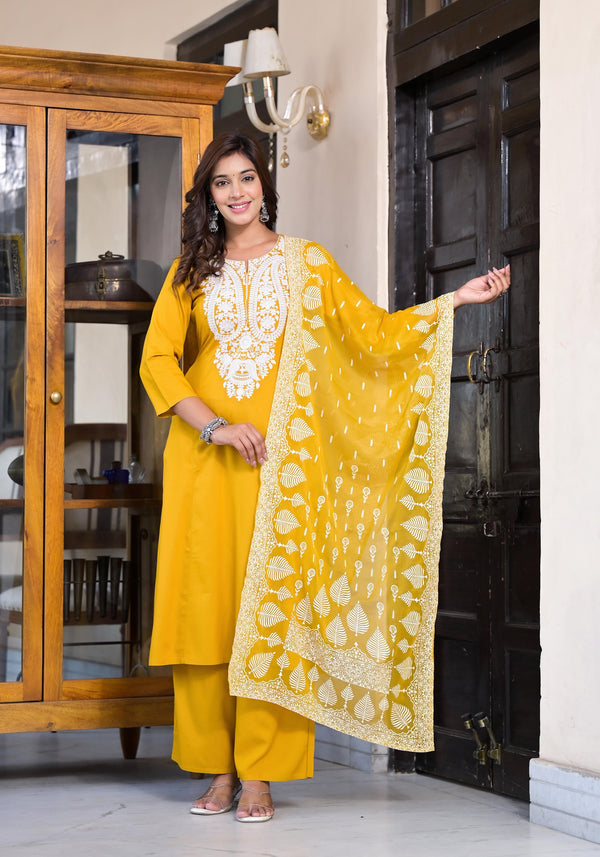 Mustard Thread Embroidered Liva Rayon Kurta Palazzo And Dupatta Set