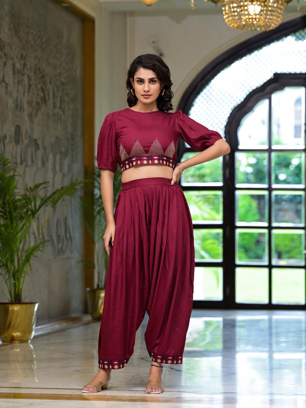 Rust Thread Embroidered Rayon Top & Dhoti Pant Set