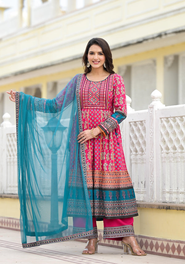 Fuchsia Ethnic Motif Printed Rayon Kurta Palazzo With Dupatta Set With Thread & Mirror Work