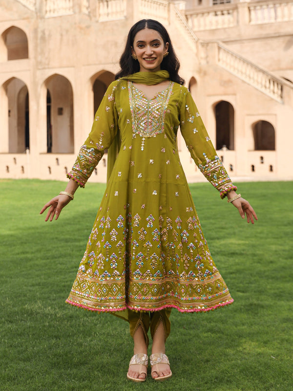 Green Thread Embroidered Georgette Kurta Dhoti Pant & Dupatta Set With Mirror Work & Sequins