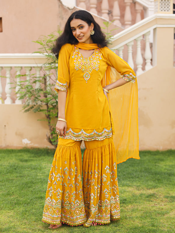 Mustard Thread Embroidered Georgette Kurta Set With Sequins & Mirror Work