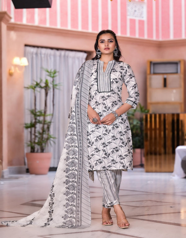 Grey Floral Printed Cotton Kurta Set With Lace