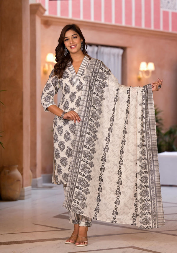 White Floral Printed Cotton Kurta Pant & Dupatta Set