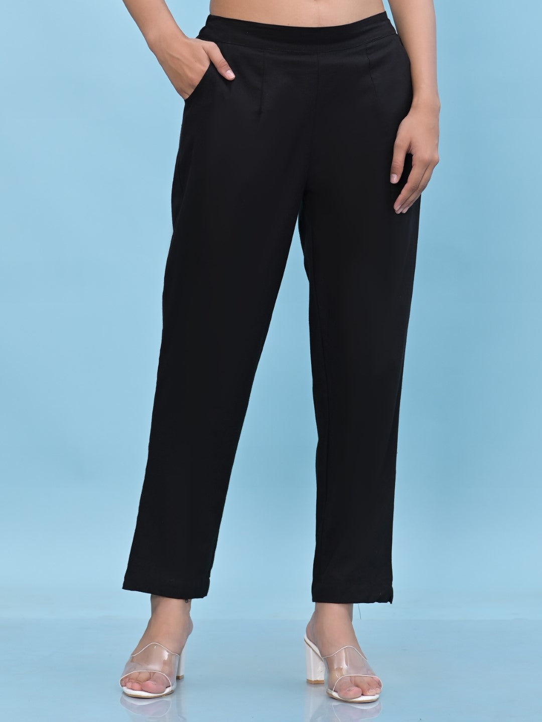 Women's Black Cotton Solid Trouser - Juniper