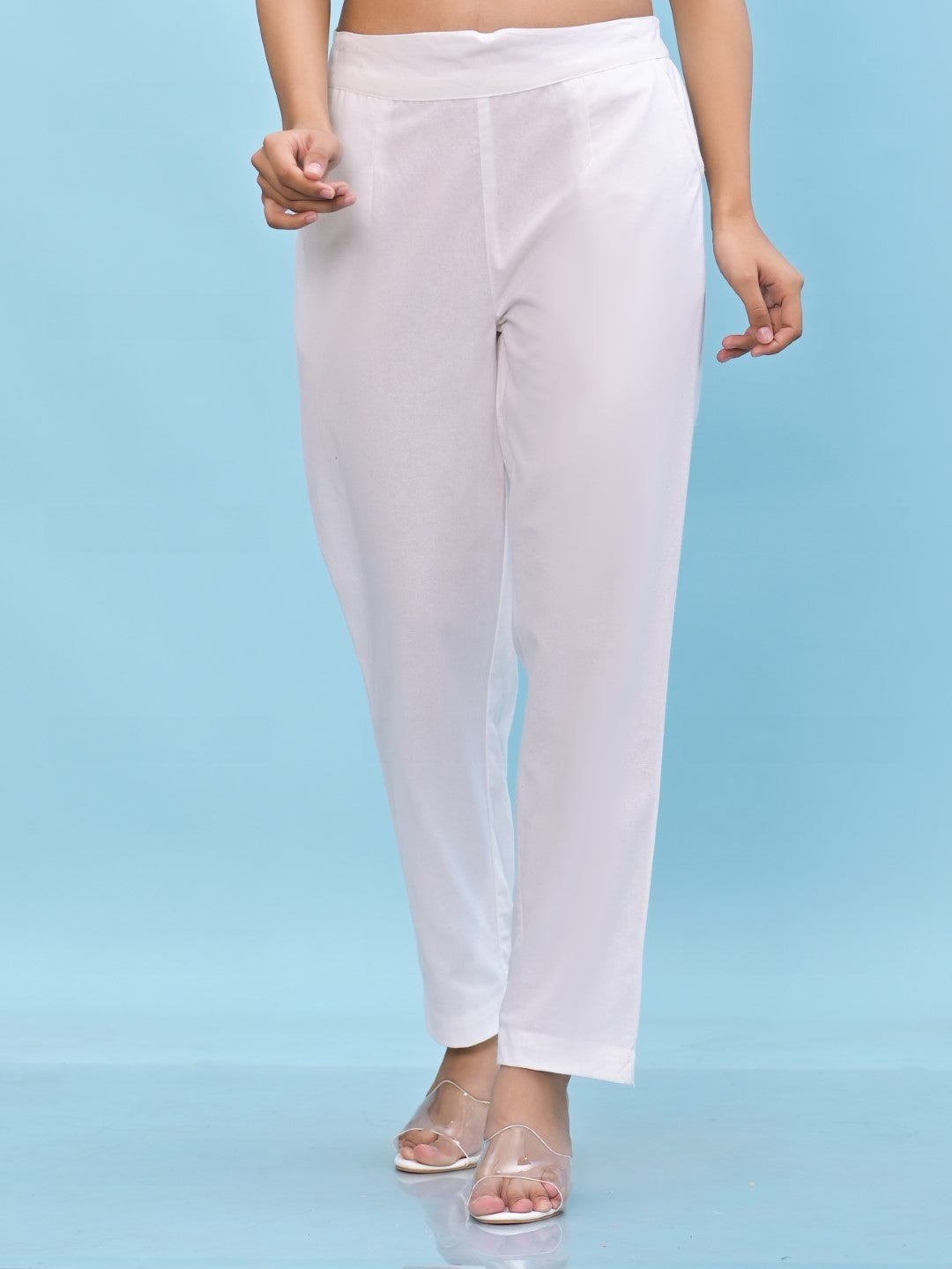 Women's White Cotton Solid Trouser - Juniper