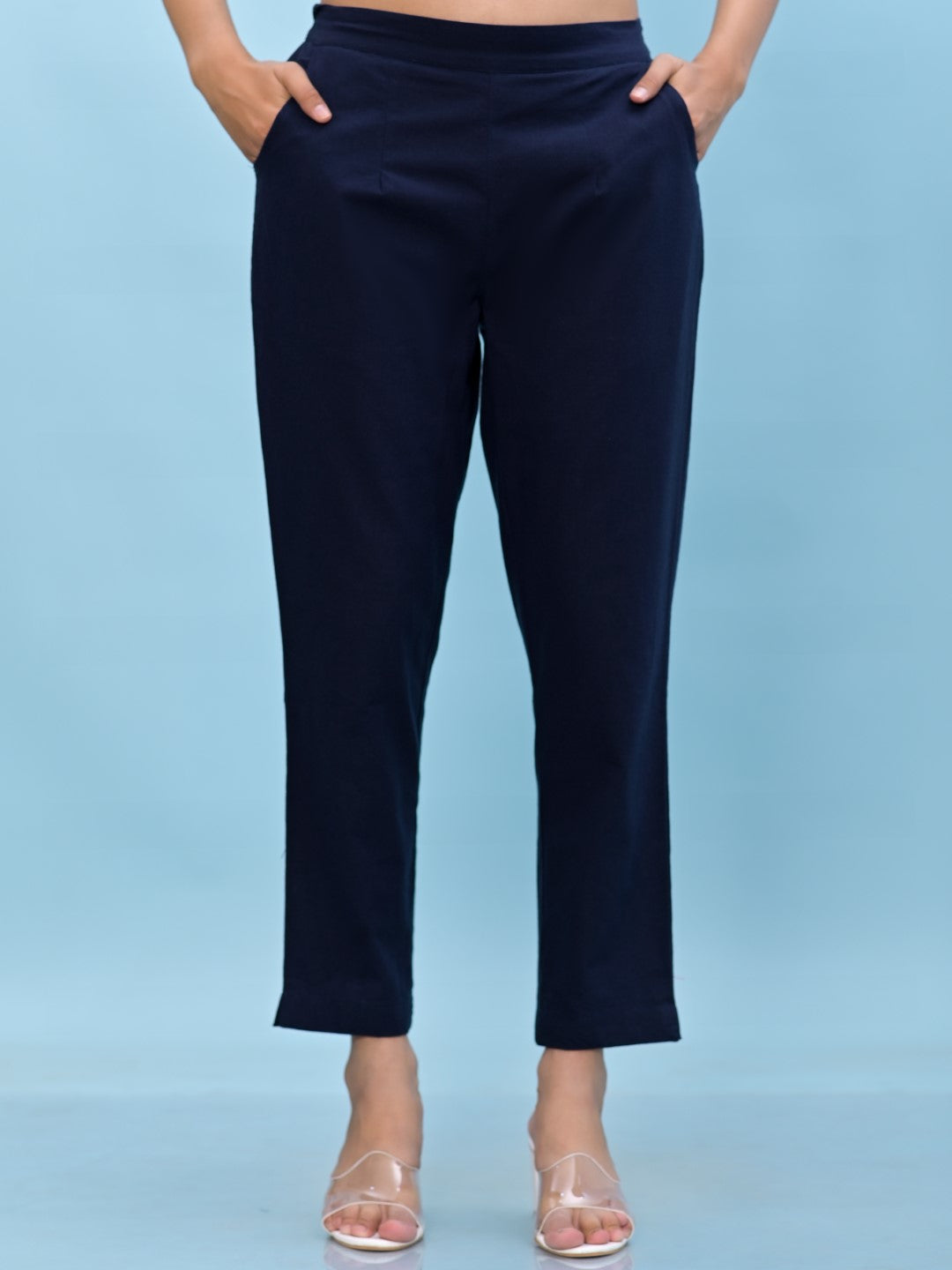 Women's Navy Blue Cotton Solid Trouser - Juniper