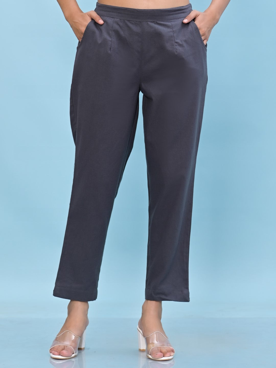 Women's Grey Cotton Solid Trouser - Juniper