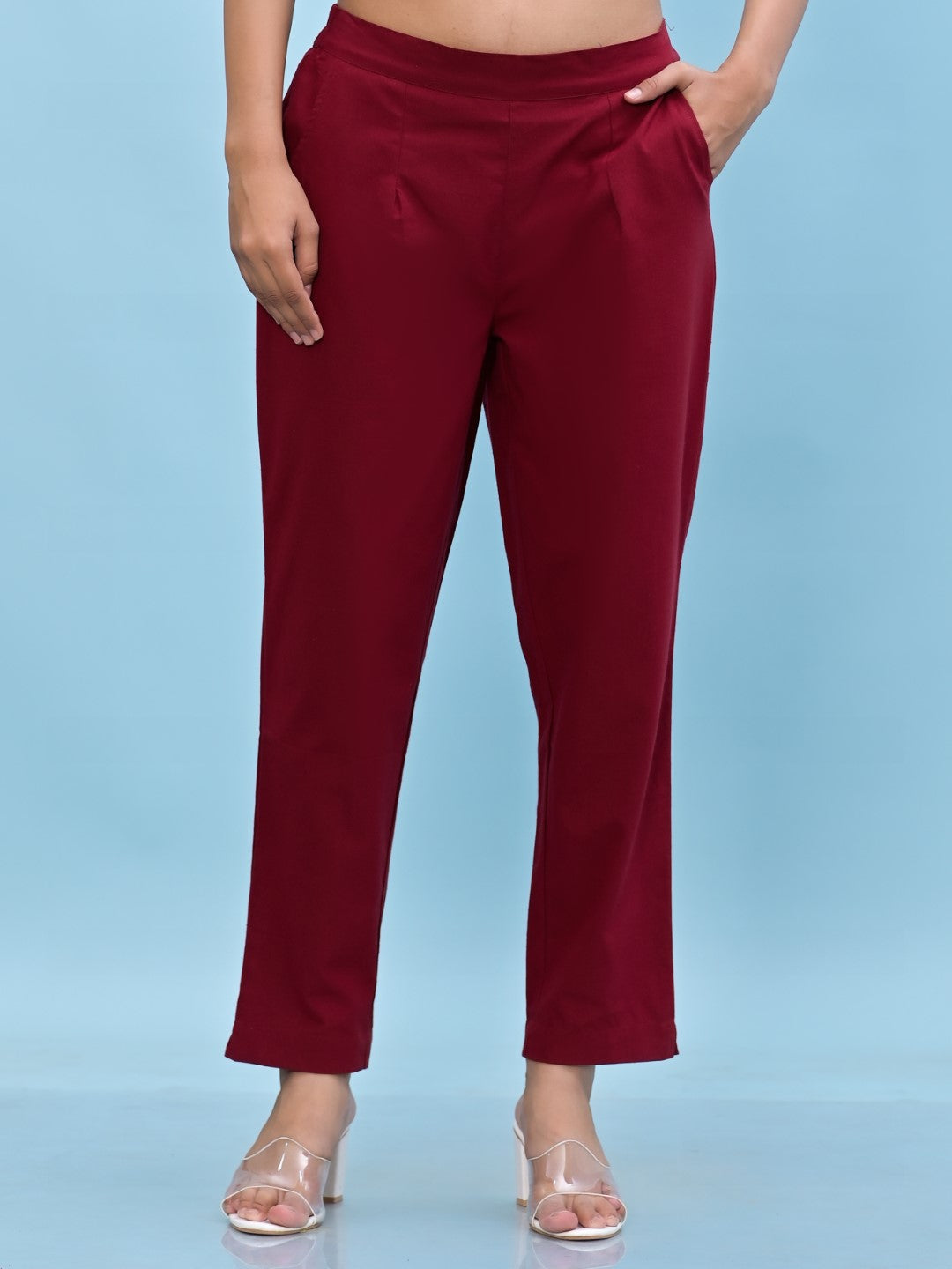 Women's Maroon Cotton Solid Trouser - Juniper