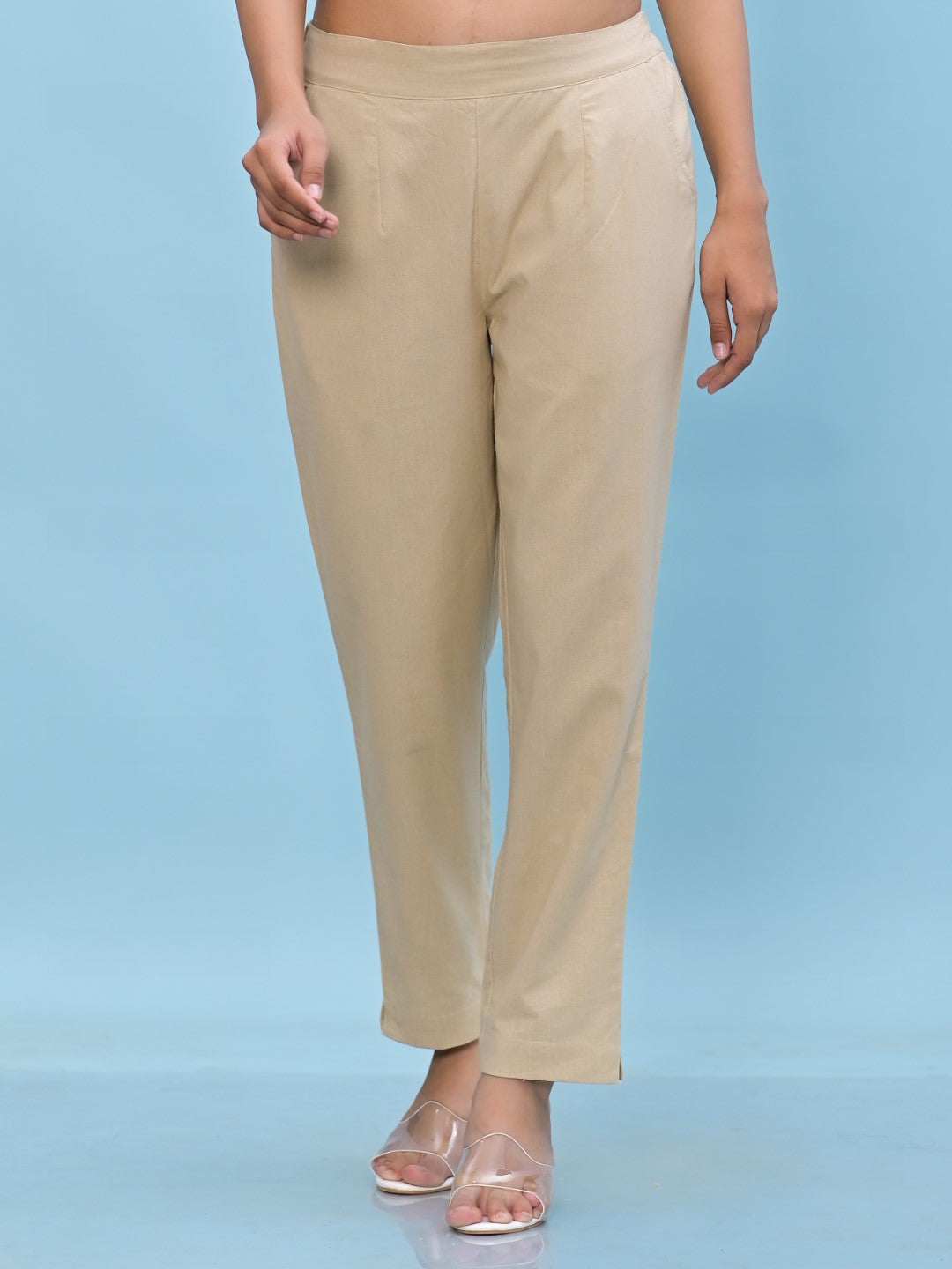 Women's Beige Cotton Solid Trouser - Juniper