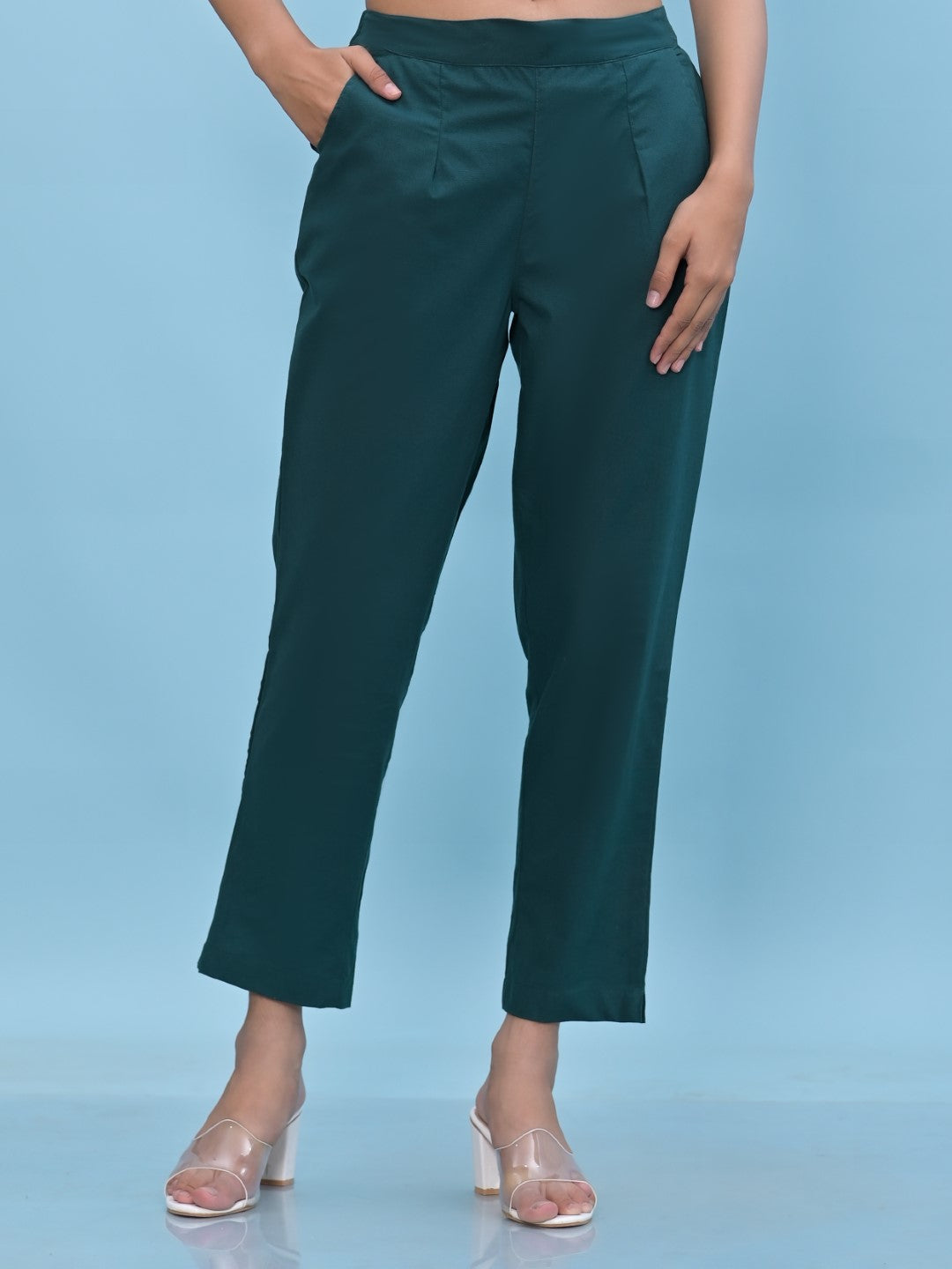 Women's Green Cotton Solid Trouser - Juniper